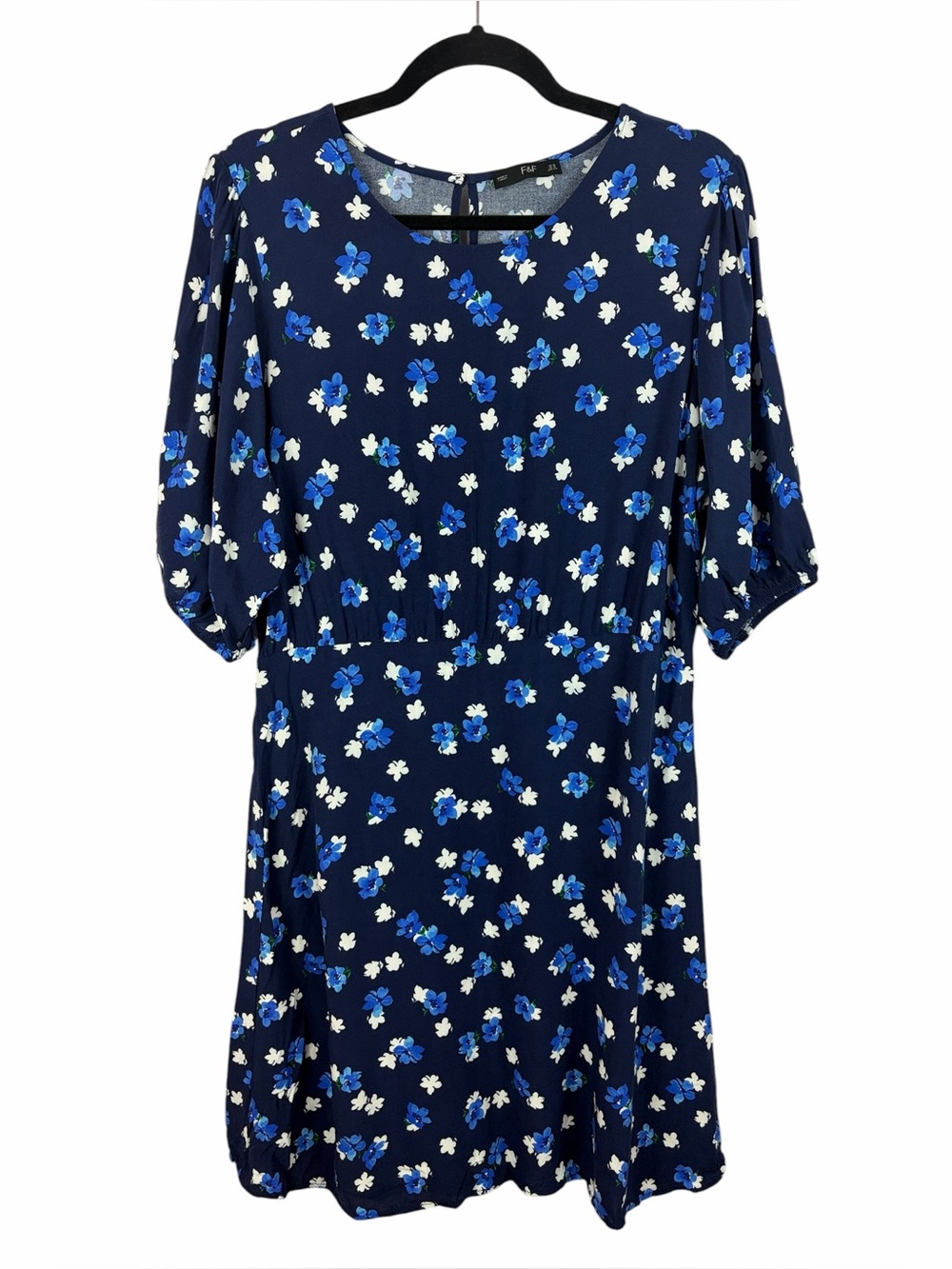 F&F Navy Blue Floral Short Sleeve Midi Dress Size 12 Lightweight